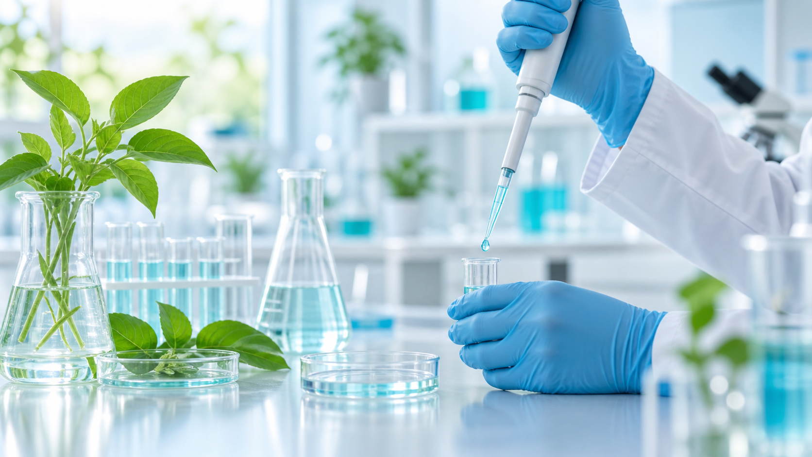 Trabajo de laboratorio con micropipeta, vidriería y plantas